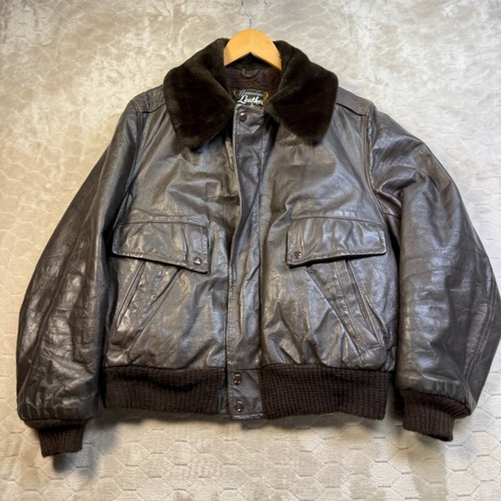 VTG‎ Grais Genuine Leather Fleece Lined Bomber Jacket Brown Size 44 USA Made 60s
